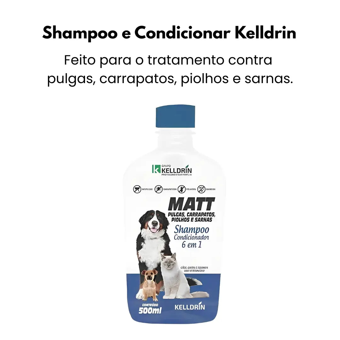 Kelldrin 2 em 1 – Shampoo e Condicionador 6 em 1: Pulguicida, Carrapaticida, Sarnicida e Pihlucida