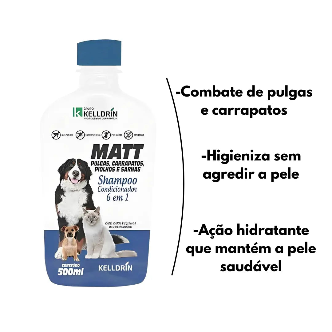 Kelldrin 2 em 1 – Shampoo e Condicionador 6 em 1: Pulguicida, Carrapaticida, Sarnicida e Pihlucida
